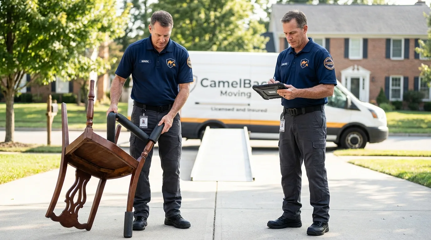 Movers inspecting furniture for damage prevention before loading in Show Low, AZ